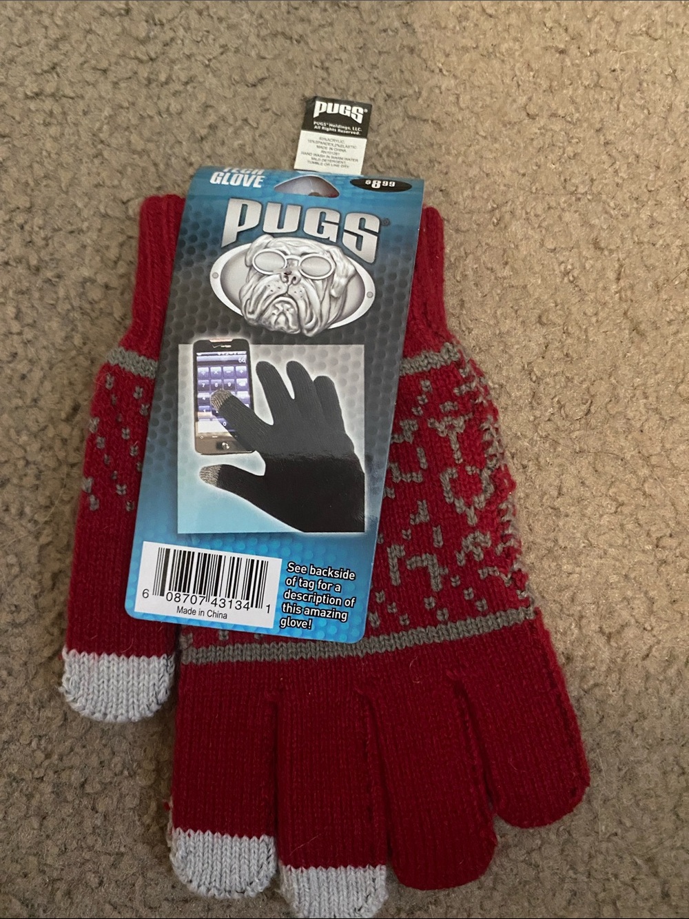 PUGS Red Knit Touchscreen Gloves with Gray Accents